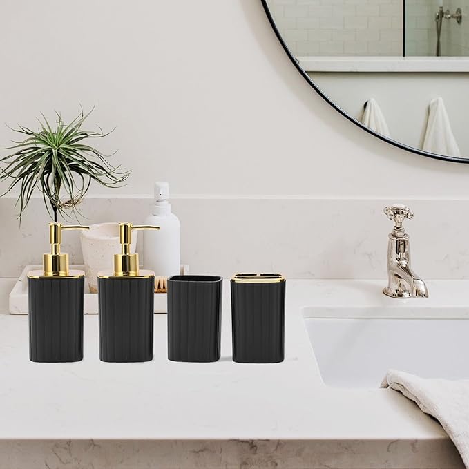 4-Piece Bathroom Accessories Set, Black and Gold Bathroom Set Includes 2 Soap Dispensers, a Toothbrush Holder and Cup, Black Gold Bathroom Decor for Modern Homes