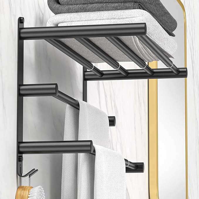 CAXIMSY Black Adjustable Towel Bar for Bathroom Wall Mount17-30.7inch Adhesive Shower Towel Rack Stainless Steel Bath Towel Holders for Toilet Kitchen Double Towel Hanger (Black 3-Layer Towel Rack)
