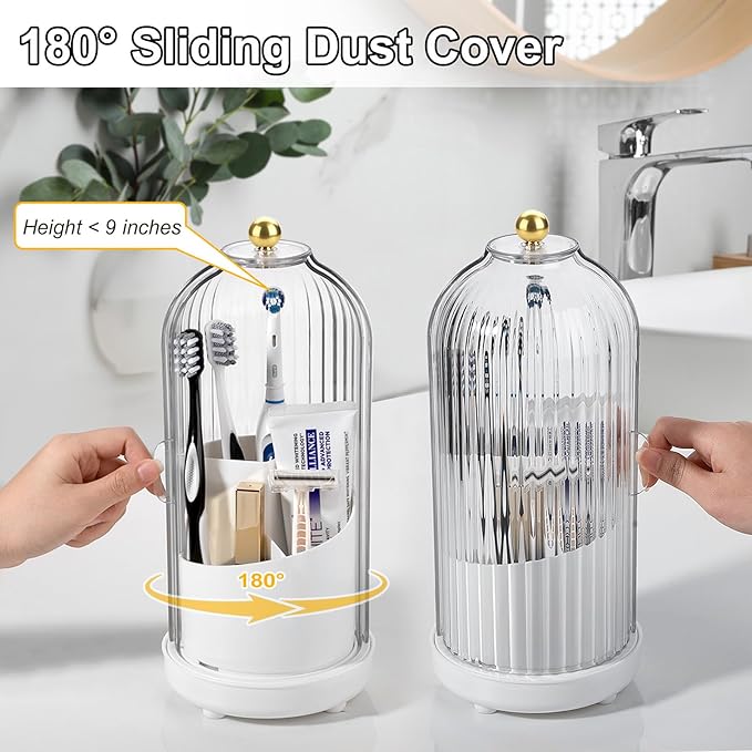 Rotating Toothbrush Holders with Cover, Dustproof Toothbrush Holder with Sliding Lid Electric Tooth Brush and Toothpaste Organizer for Bathroom, Makeup Brush Holder for Vanity, White