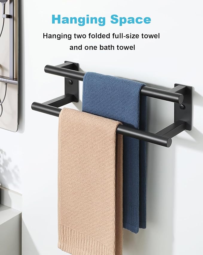 Alise Bathroom Double Towel Bar, 16 Inch Wall Mount Towel Holder, Towel Racks for Bathroom, SUS304 Stainless Steel Towel Hanger, Thickened Pipe with Strong Load-Bearing Capacity, Matte Black