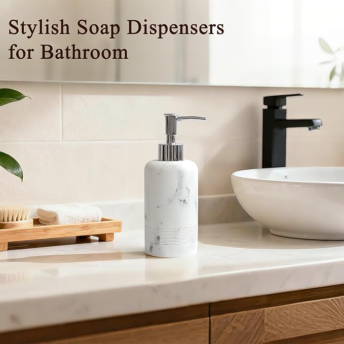 YMXYJM 2pcs/Set Hand Soap Dispenser Sets - 10.8oz Refillable Resin Liquid Soap Dispensers with Rust-Proof Pump for Bathroom Countertop or Kitchen, Marble White