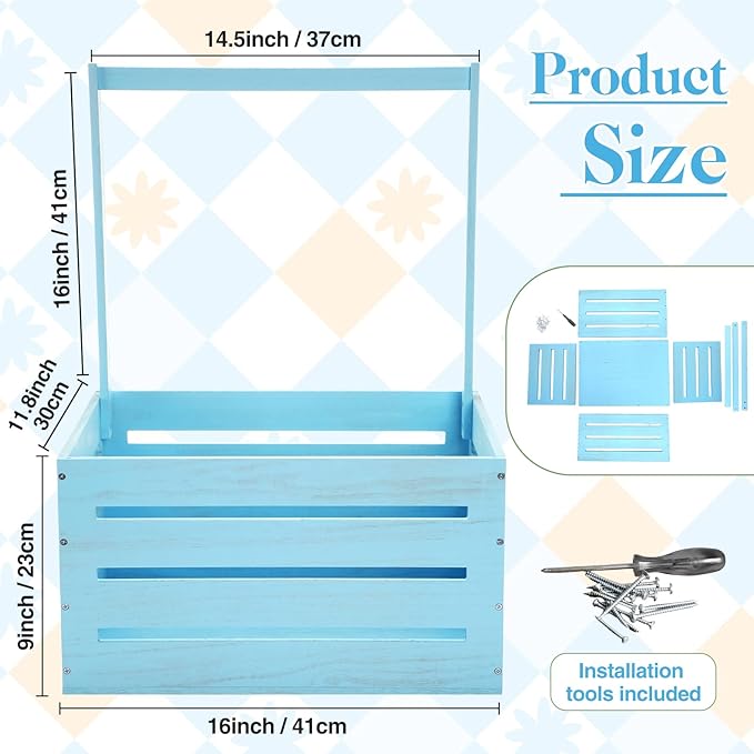Suzile Wooden Baby Shower Crate Closet Wood Basket for Gifts with Handle Boy Girl Clothes Gender Reveal Storage Box for Newborn New Parent(Blue)