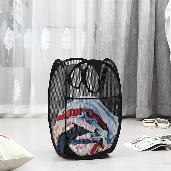 2 Pack Pop Up Laundry Hampers, Collapsible Mesh Laundry Basket, Foldable Clothes Hampers for Bathroom, College Dorm, Travel, Cruise (Black)