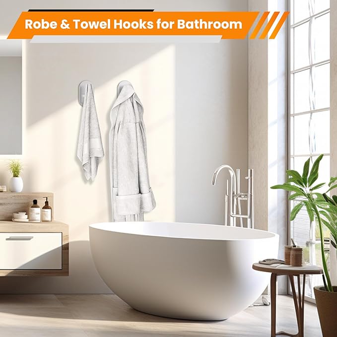 Aikzik Silver Adhesive Hooks Heavy Duty-Max 26lb, Wall Hooks for Shower, Bathroom, Towel, Coat, Robe, Stainless Steel Hooks for Hanging, Sticky Hooks for Walls No Damage- 4 Pack
