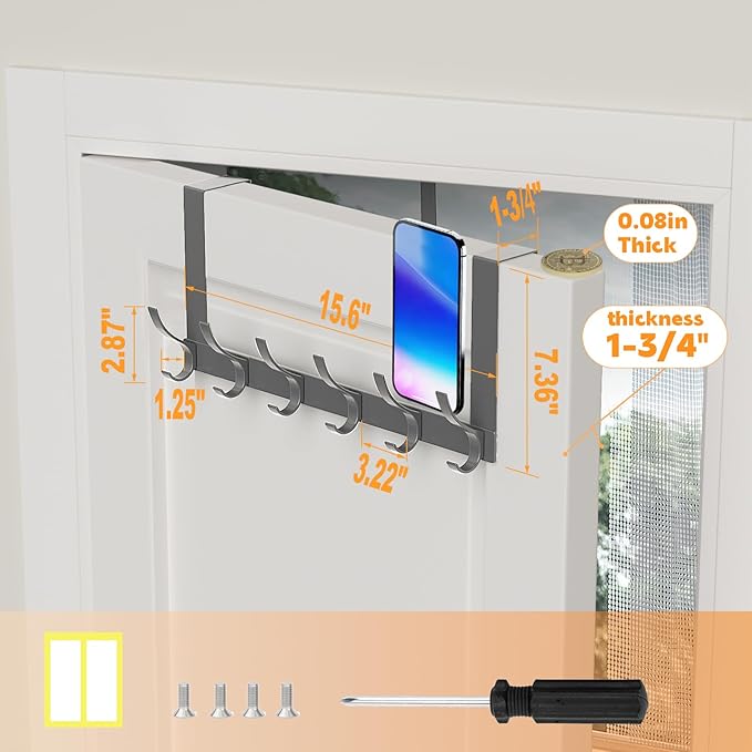 Peasulin 2 Pack Over The Door Hooks, Sturdy Door Hanger, Large Over The Door Towel Rack with 12 Hooks, Heavy Duty Easy to Install, for Bathroom, Bedroom，Kitchen，Hanging Towels, Coats (Grey)