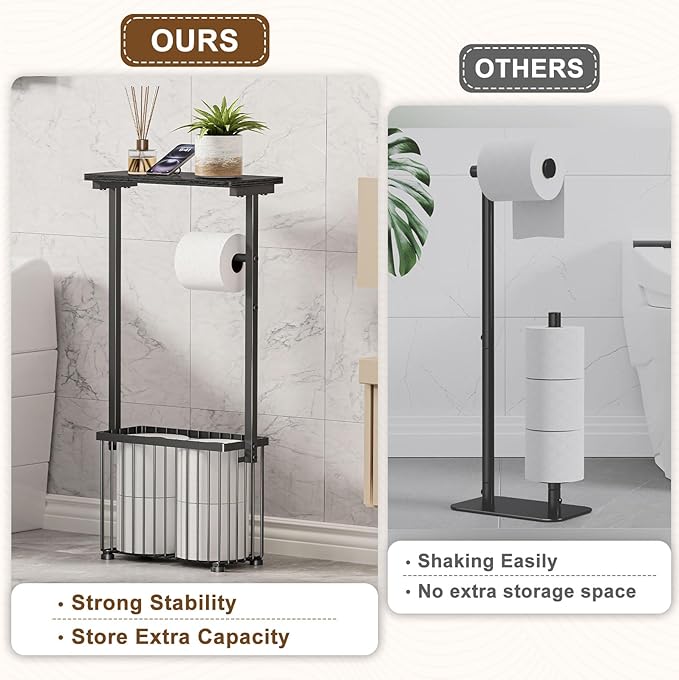Free Standing Toilet Paper Holder Toilet Storage Stand Bathroom Holder with Storage Paper Towel Holder with Shelf,Simple Black,Can Hold 4-6 Rolls.Place Mobile Phones