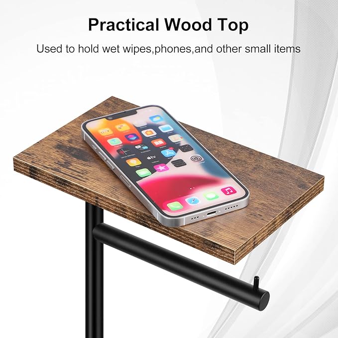 Toilet Paper Holder Stand with Shelf Toilet Paper Roll Holder with Reserve Free Standing TP Holder Rustic Toilet Paper Stand with Shelf for Bathroom Holds Wipe, Mobile Phone, Mega Rolls, Rustic Brown