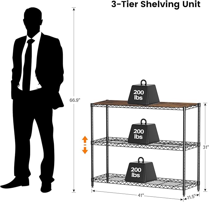 Homeiju 3-Tier Kitchen Storage Shelf, 41" Wide Adjustable Standing Metal Shelving Unit with Removable Wooden Boards, Heavy Duty for Pantry, Bathroom, Garage, Entryway, Plant Stand, Black