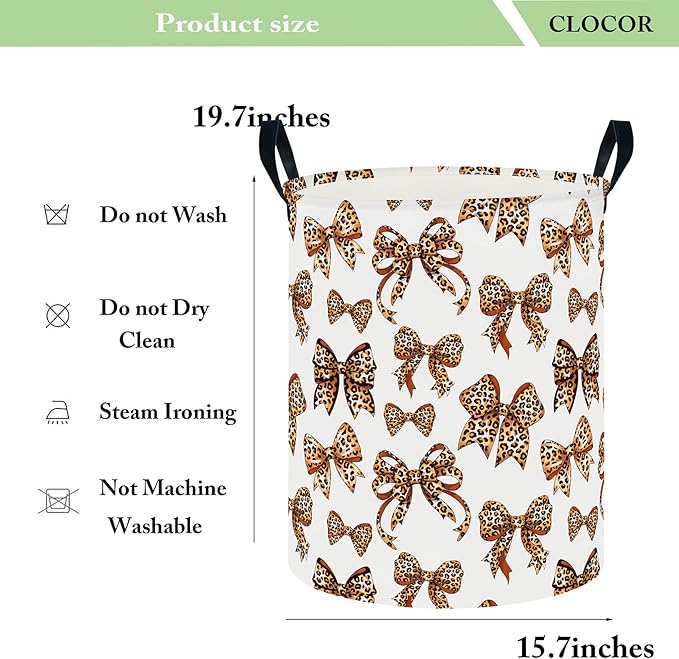 CLOCOR Large Laundry Basket,Waterproof Nursery Hamper,Collapsible Fabric Storage Container,Room Decor,Gift Basket（Leopard Print Bow