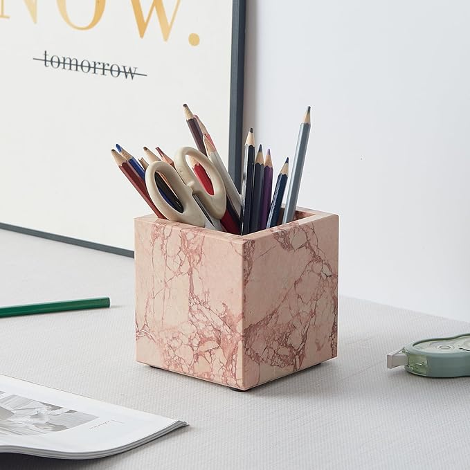 Real Luxurious Natural Marble Toothbrush Holder & Makeup Brush Organizer & Pen Holder for Desk,3.93inch Square Marble Utensil Holder Non-Ceramic/Non-Resin （Pink）