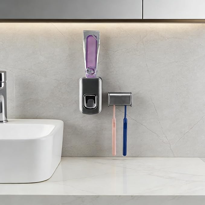Toothbrush Holder Wall Mounted with Cover for Bathroom, 2 Slots Toothbrush Storage Organizer for Shower, Self Adhesive Toothbrush Hanger with Automatic Toothpaste Squeezer Dispenser