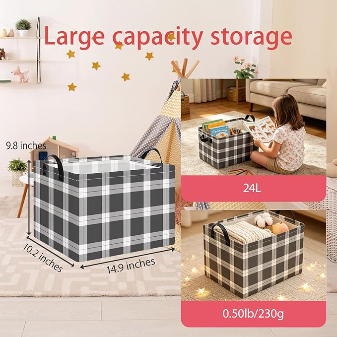 NTAOHAMPER Rectangular Storage Basket Empty,Storage Bin with Handles,Room Decor,Gift Basket,Book Box(Black Grey White Plaid)