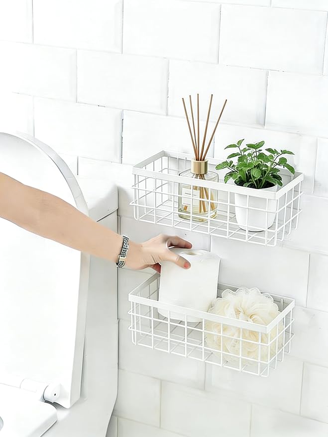 2 Pack Hanging Wire Storage Baskets, Metal Wall Organizer, Adhesive Wall Storage Shelves for Kitchen, Bathroom Pantry (Spice Rack, Cabinet Organizer, Shower Caddy) White