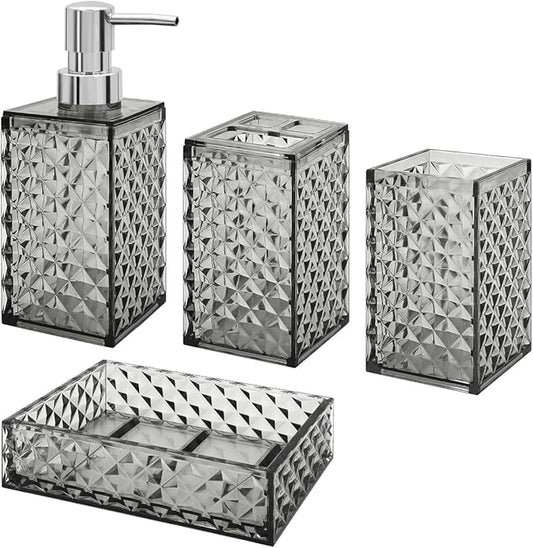 Bathroom Accessories Set, 4 Pcs Bathroom Decor Bathroom Sets Accessories, Diamond Soap Dispenser, Bathroom Tumbler, Soap Dish and Toothbrush Holder Set, Boho Bathroom Decor Grey