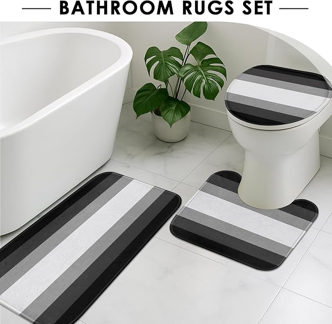 Black Grey Shower Curtain Set with Toilet Lid Cover and Non-Slip Rugs for Bathroom, Modern Striped Lines Gray Ombre 4 Pcs Shower Curtain, Simple Abstract Bathroom Set with 12 Hooks