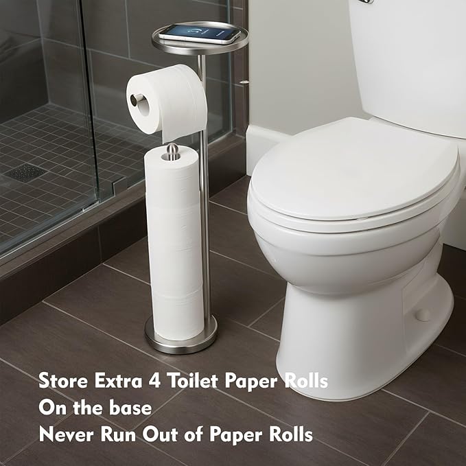 Toilet Paper Holder with Shelf, Tissue Roll Holder Stand with Storage Space for Holding Extra 4 Toilet Paper Rolls, Stainless Steel Rustproof Freestanding (Brushed Nickel)