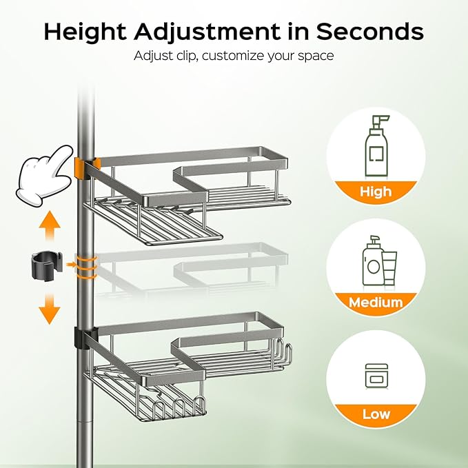 HAMITOR Shower Caddy Tension Pole: 4-Tier Corner Bathroom Organizer Shelf with Soap Holder & Hooks - No-Drill Adjustable Standing Storage Rack for Apartment Renters - 47-123 Inch Silver Gray