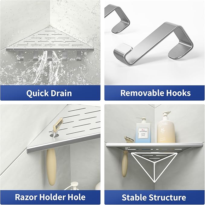 10'' Corner Shower Shelf, 304 Stainless Steel Shelves for Bathroom, Grout in Shelf with Hooks for Tiled Wall (Brushed)