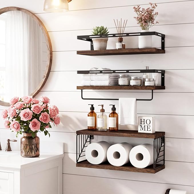Fixwal Wall Mounted Bathroom Shelves Over Toilet, Rustic Wood Floating Shelves with Metal Frame and Towel Bar for Bathroom, Kitchen, Bedroom, Living Room (3 Plus 1 Dark Brown)