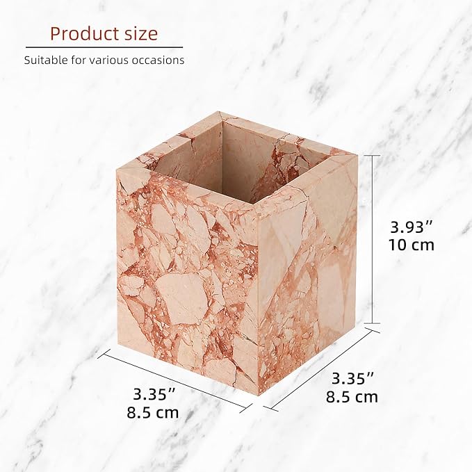 Natural Marble Toothbrush Holder for Bathroom Countertop (8.5x8.5x10cm) - Multifunctional Organizer for Makeup Brushes, Vanity Accessories & Utensils Sink(Pink)