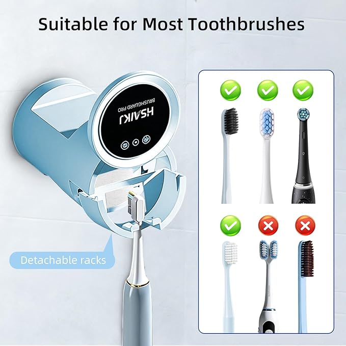 Wall Mounted Toothbrush Holder for Bathroom, Electric Toothbrush Organizer with Smart Lid Sensor, UV Light Care & Heated Air Drying, Magnetic Cup & Toothpaste Storage (Blue)