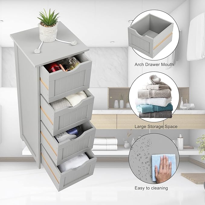 VINGLI Gery Bathroom Storage Cabinet with 4 Drawers Wooden Freestanding Slim Bathroom Floor Cabinet Small Side Organizer Storage Unit for Restroom Livng Room Kitchen Office Hallway Entryway