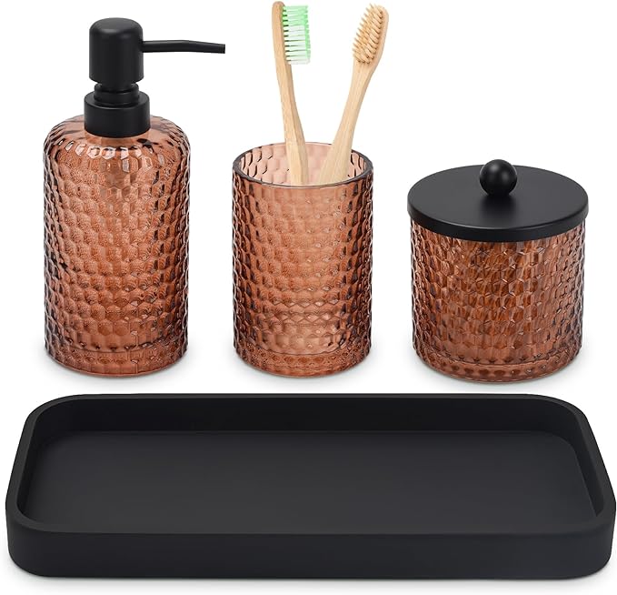 Bathroom Accessories Set,4 Pcs Amber Glass Bathroom Accessories Sets-Lotion Soap Dispenser,Toothbrush Holder,Qtip Holder Dispenser & Resin Vanity Tray,Countertop Vanity Organizer,Amber