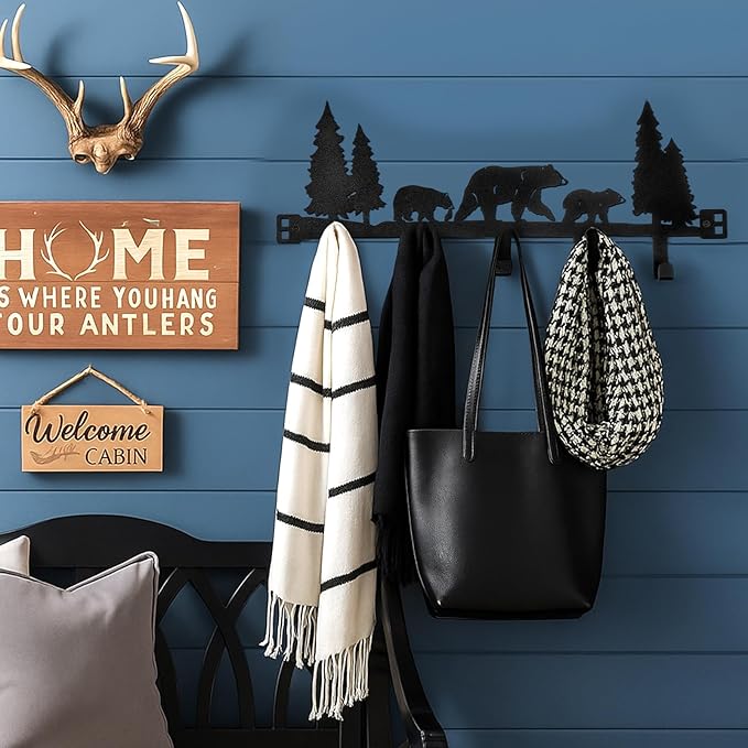 AceOrbit Cabin Bear Over The Door Hooks Hanger Wall Mount Towel Hanger Door Holder Organizer 5 Hooks Kawaii Farmhouse Rustic Coquettish Style Decor for Bedroom Bathroom Towel Hat Clothes