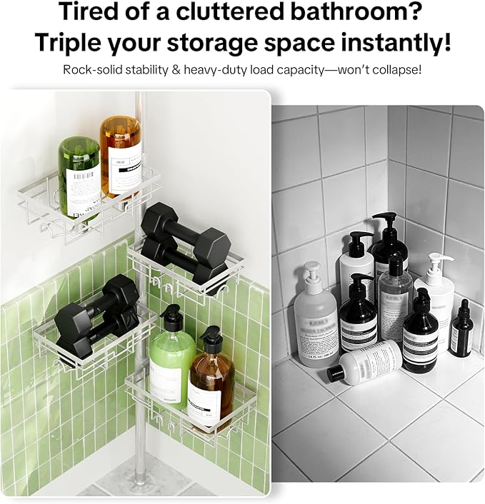 Shower Tension Rod Organizer, 6 Tier Rustproof Corner Shower Caddy Tension Pole with Soap Holder & Hooks, Adjustable 30-121 Inch Bathroom Shelf for Renters - Family Stand Storage Rack, Silver