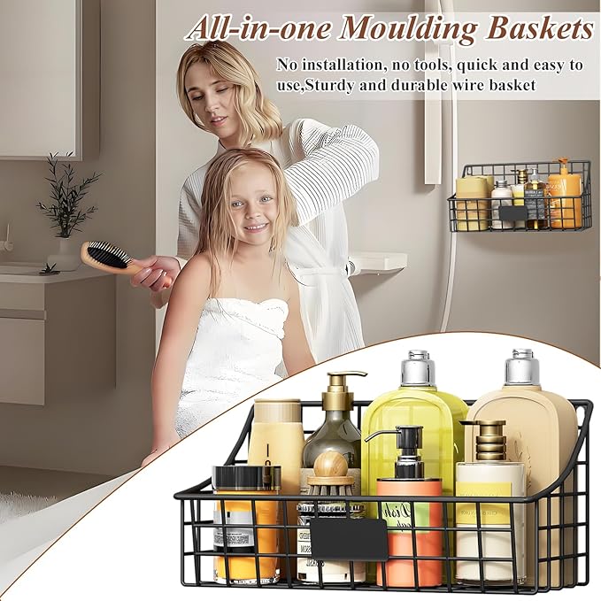 Sonyabecca Hanging Wall Wire Basket-4Pack,Large Metal Organizer Baskets & Bathroom Shower Shelf with 4 Adhesive Hooks+5 S Hook, Wall Mounted Baskets & Shelves for Bathroom, Kitchen Storage