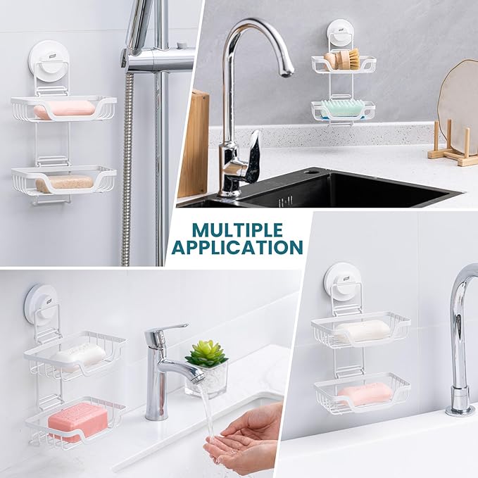 TAILI Double Layer Soap Holder, Bar Soap Dish Suction Cup for Shower Wall, Draining Saver Tray for Bathroom, Rustproof Stainless Steel Sponge Holder for Tub, Kitchen, Drill-Free, White