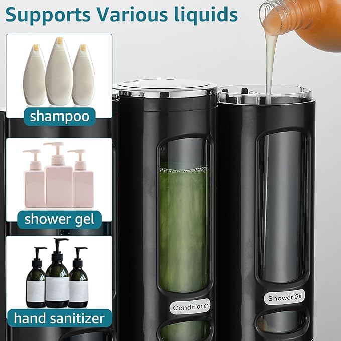 Shampoo and Conditioner Dispenser,Shower Shampoo Dispenser 3 Chamber No Drilled Shampoo Dispenser for Shower Wall Mounted Shower Dispenser Body Wash Dispenser for Bathroom Kitchen Hotel, Black