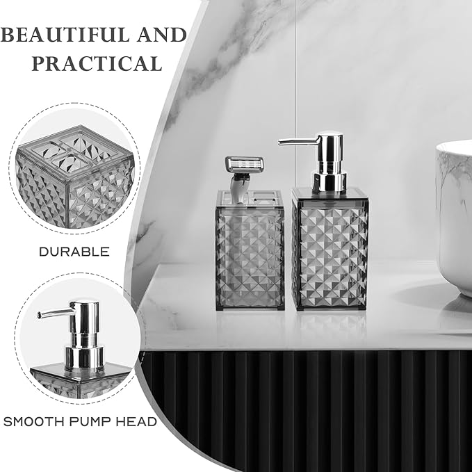 Bathroom Accessories Set 2 PCS, Grey Bathroom Accessories Include Soap Dispenser and Toothbrush Holder, Diamond Pattern Bathroom Set for Boho Bathroom Decor