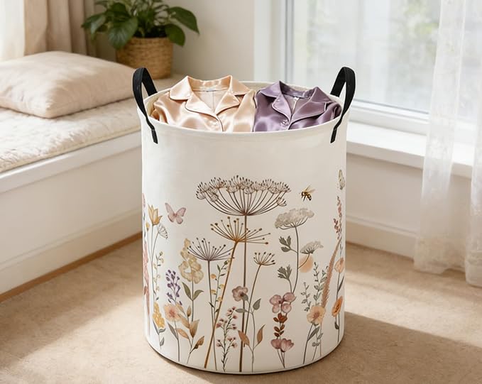 ESSME Kids Laundry Basket,Flower Hamper Collapsible Canvas Waterproof Storage Bin for Girls, Cute Hamper,Gift Baskets(Flower cluster)