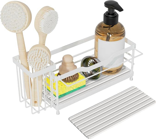 Sponge Holder for Kitchen Sink,Sink Caddy Organizer with Stone Drying Tray, Stainless Steel Kitchen Countertop Organizer for Sponge Soap Dispenser White