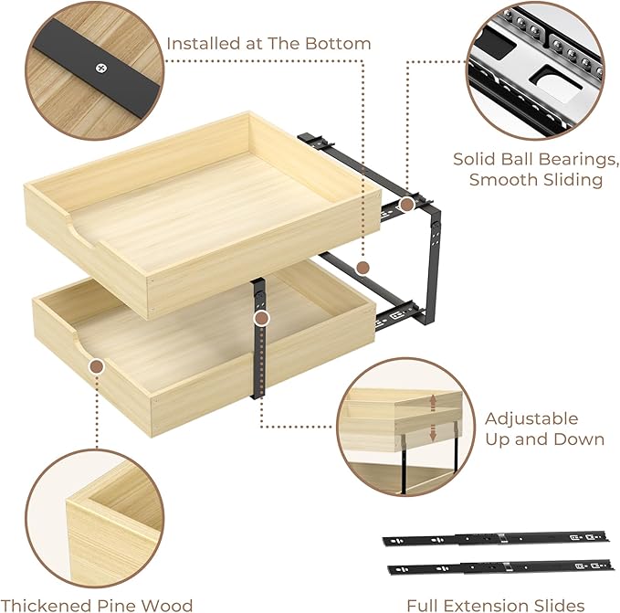 COOLBEBE 2 Tier Pull Out Drawers for Cabinets，17"W x 21"D Double Tier Slide Out Wood Drawer Shelf Organizer, Soft Close Cabinet Pull Out Shelves in Kitchen, Pantry, Bathroom