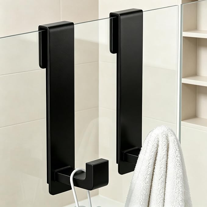 WUIVIUT Heavy-Duty Stainless Steel Over The Glass Door Shower Hooks - Towel Hooks for Frameless Shower Glass Door Bathroom Holder for Washroom(L Shape 2 Pack, Fits 3/8'' Thick)