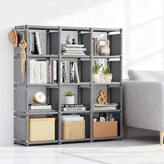 12-Compartment Storage Rack – Tool-Free Assembly, Suitable for bedrooms, Closets, and Small Spaces; a Great Helper for organizing Children's Clothes and Nurseries. (GREY-12)