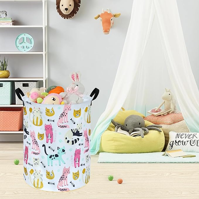 Kids Laundry Hamper Storage Basket Laundry Organizer Hamper Storage Bins Clothes Box Nursery Hamper Gift Basket with Handles (Cat)