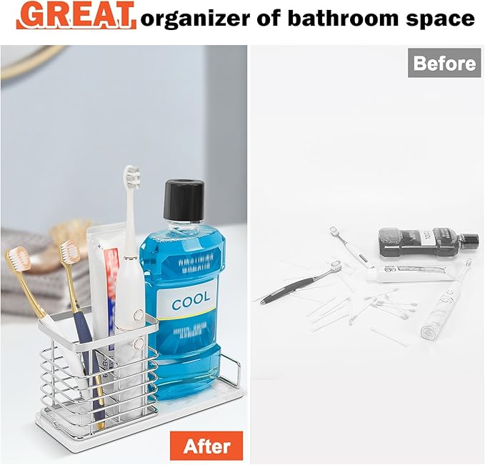 Toothbrush Holder, Luxurious Metal Toothbrush Toothpaste Holder with Marble Base for Bathroom, Multi-Slots Openwork Design, Bathroom Accessory for Storage and Organizer (Large, Chrome)