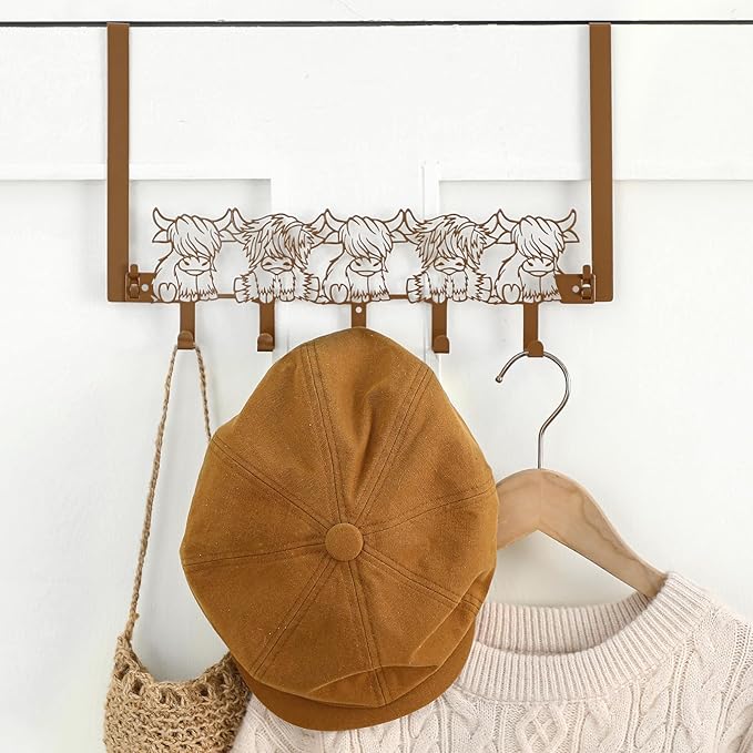 AceOrbit Highland Cow Over the Door Hooks Hanger Wall Mount Towel Hanger Door Holder Organizer 5 Hooks Kawaii Farmhouse Rustic Coquettish Style Decor for Bedroom Bathroom Towel Hat Clothes