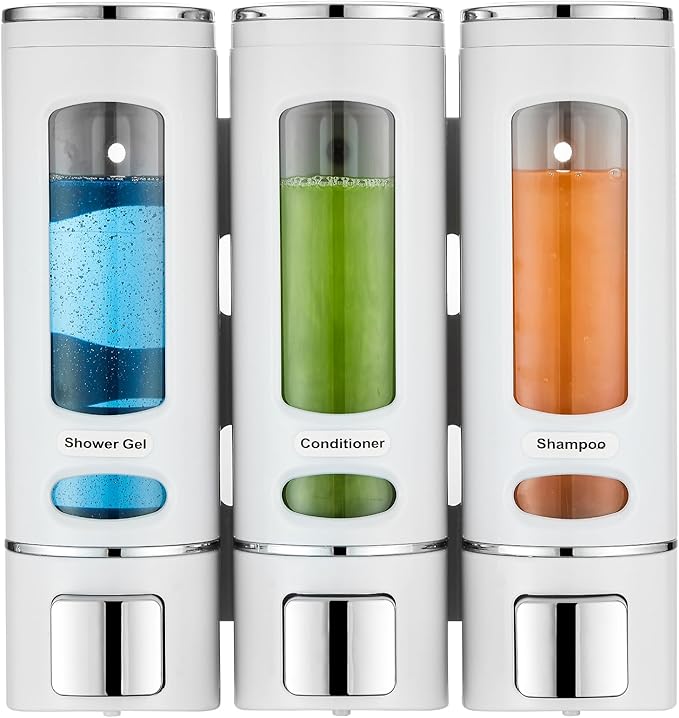 White 3-Chamber Wall Mounted Dispenser for Shower, Bathroom, Kitchen or Hotel - No Drilling Required, Holds Shampoo, Conditioner and Body Wash