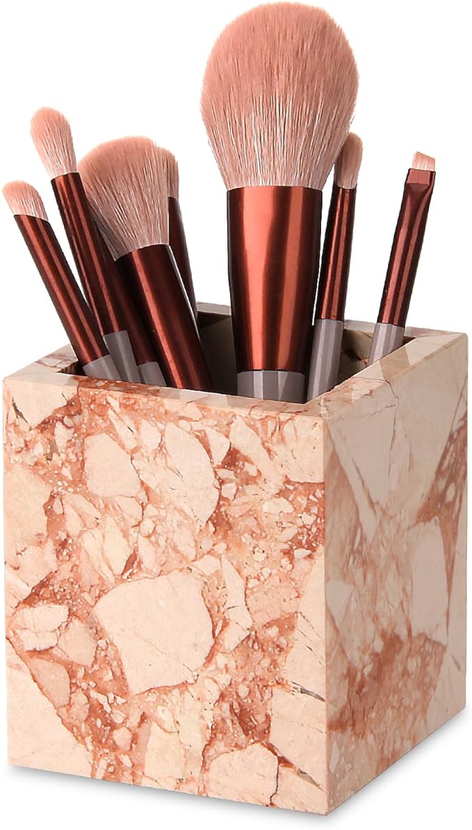 Natural Marble Toothbrush Holder for Bathroom Countertop (8.5x8.5x10cm) - Multifunctional Organizer for Makeup Brushes, Vanity Accessories & Utensils Sink(Pink)
