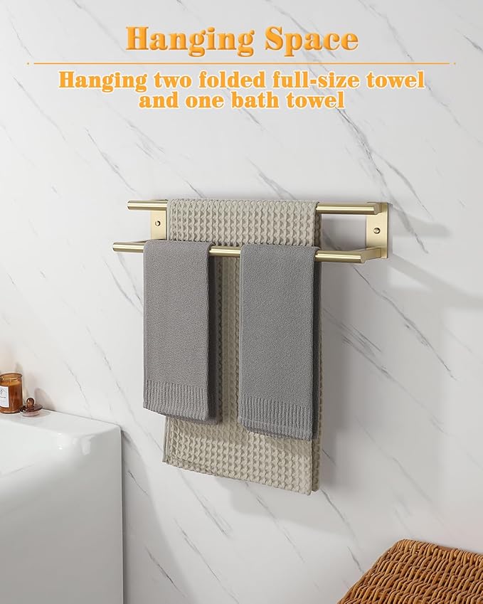 Alise Bathroom Double Towel Bar, 24 Inch Wall Mount Towel Holder, Towel Racks for Bathroom, SUS304 Stainless Steel Towel Hanger, Thickened Pipe with Strong Load-Bearing Capacity, Gold