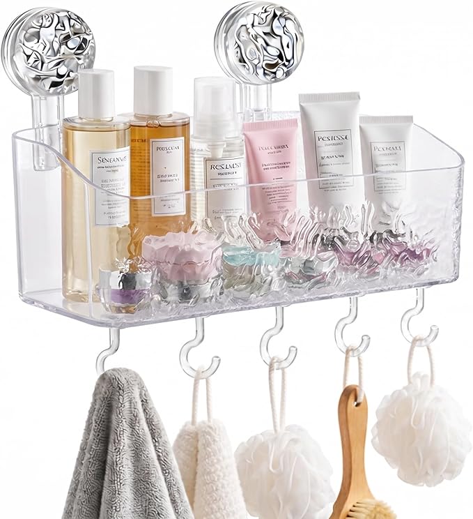 HOME&I Suction Cup Shower Caddy for Bathroom & Shower, Drill-Free Toothpaste, and Razor Organizer, Removable Wall Mount Storage Caddy, Waterproof & Reusable Self-Draining Rack