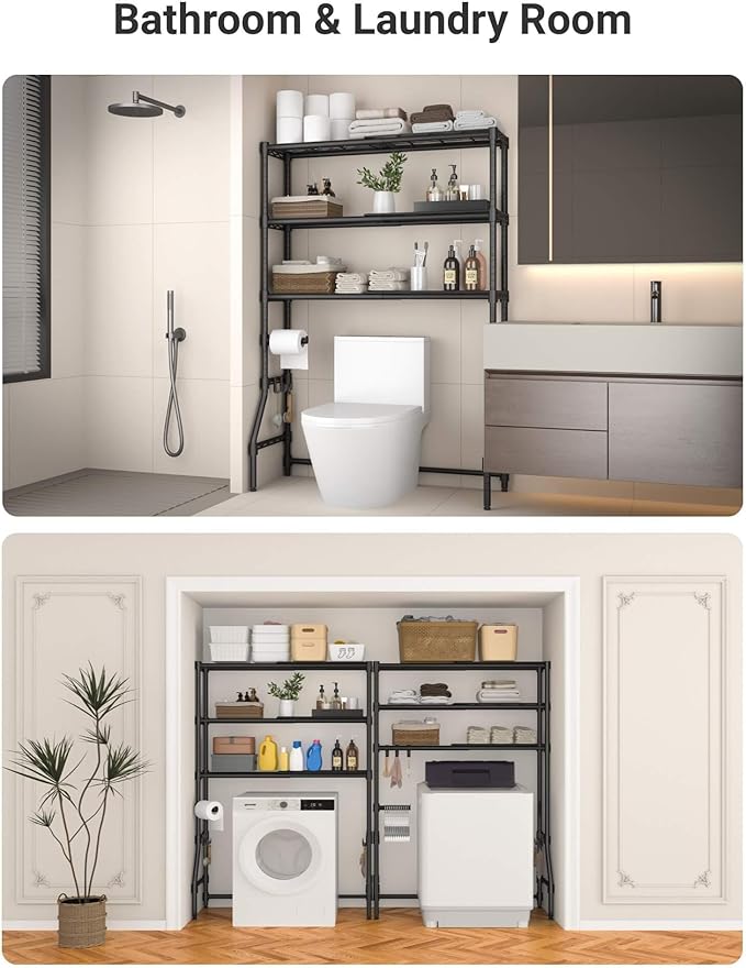 Expandable Over The Toilet Storage Rack, 3-Tier Adjustable Height & Width (22"-38") Metal Bathroom Organizer Shelves, Space Saver Above Toilet Over Washer and Dryer Shelf for Laundry Room