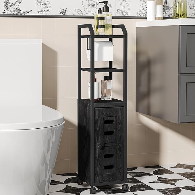 Hzuaneri Bathroom Storage Cabinet - Toilet Paper Storage Cabinet, Small Toilet Paper Holder with 4 Wheels, Bathroom Organizer with Adjustable Shelf, for Small Spaces, Black BC04604X