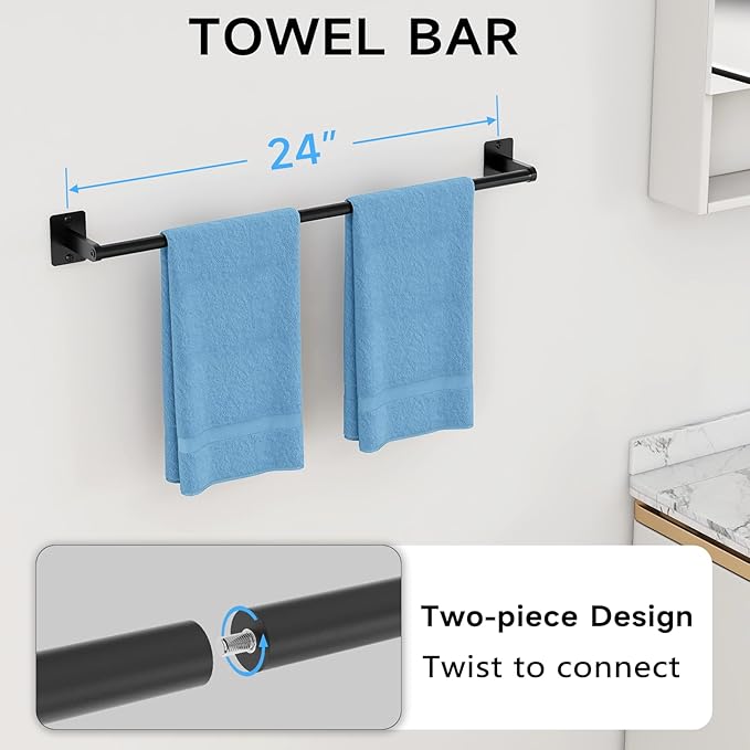Matte Black Bathroom Accessories Set, KLJKPA 4 Pieces Bathroom Hardware Set, 24 inch Towel Bar, Towel Racks for Bathroom, Robe Towel Hooks, Toilet Paper Holder Wall Mounted
