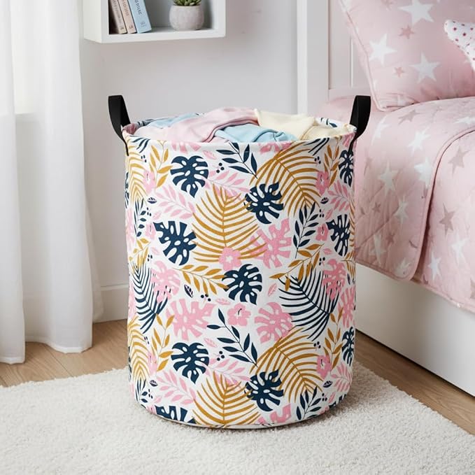 Round Pink Leaves Pattern Laundry Hamper Storage Basket Fabric Material Storage Hamper Organization Basket, Storage Bin, Gift Box with Handles for Room