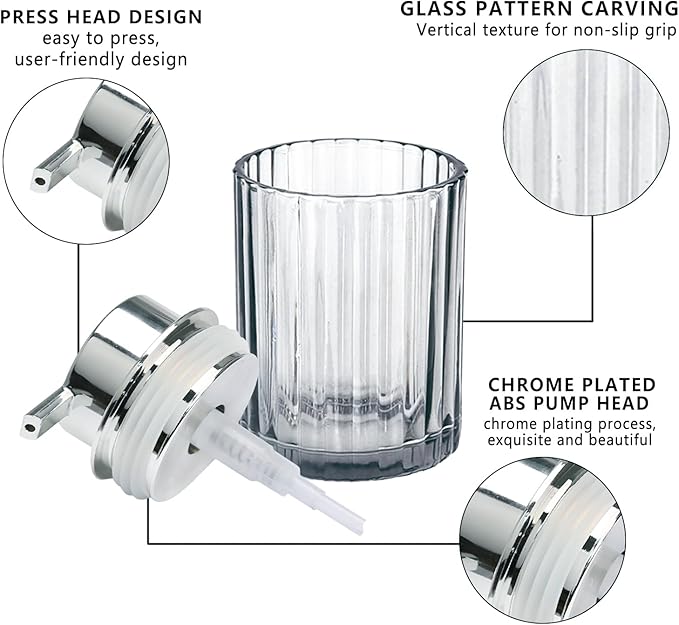 CERBIOR Bathroom Accessories Set, 4 Pcs Glass Accessories Sets Includes Soap Dispenser, Toothbrush Holder, Toothbrush Cup, Soap Dish for Decorative Countertop and Housewarming Gift,Silver Grey